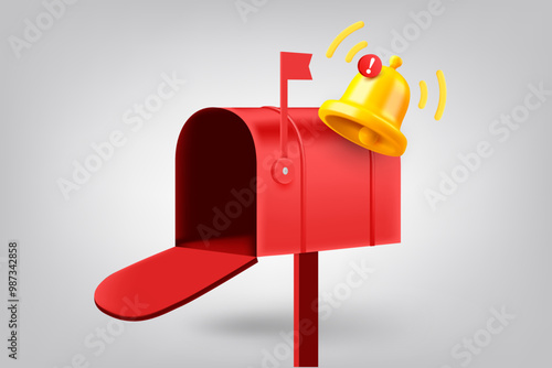 Postage box with notification bell. 3d vector illustration