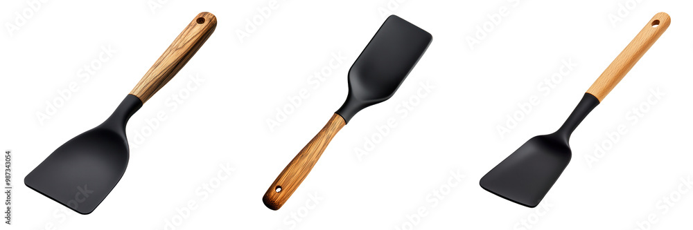 Set of three kitchen spatulas with wooden handles and black utensils for cooking and baking in various styles. on transparent cutout, PNG file. Mockup template Set of three kitchen spatulas with wooden handles and black utensils for cooking and baking in various styles. on transparent cutout, PNG file. Mockup template