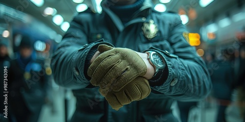 Close-up of a man's hands wearing gloves and a watch
