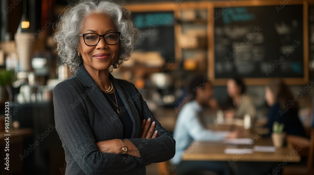 A portrait of an elegant senior African American woman with curly gray hair, wearing glasses and business attire standing in front of her team working at a coffee shop A portrait of an elegant senior African American woman with curly gray hair, wearing glasses and business attire standing in front of her team working at a coffee shop