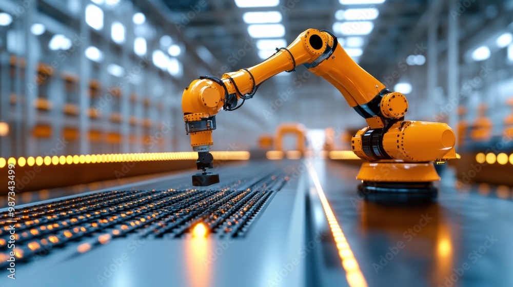 Orange Industrial Robot Arm Automating Factory Production Process Orange Industrial Robot Arm Automating Factory Production Process