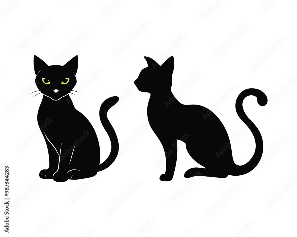 Obraz premium Black Halloween Cat Silhouette Vector on a White Background
