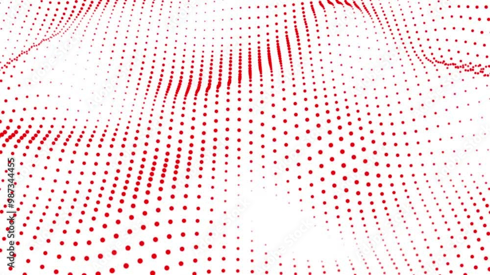 Abstract particles dynamic red dot wave flow animation white background. Big data visualization. Abstract seamless animation of mesh dots digital luxurious wave particles flows background