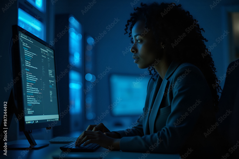 AI cyber security risks. Black female IT specialist analysing ...