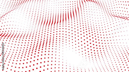 Abstract particles dynamic red dot wave flow animation white background. Big data visualization. Abstract seamless animation of mesh dots digital luxurious wave particles flows background