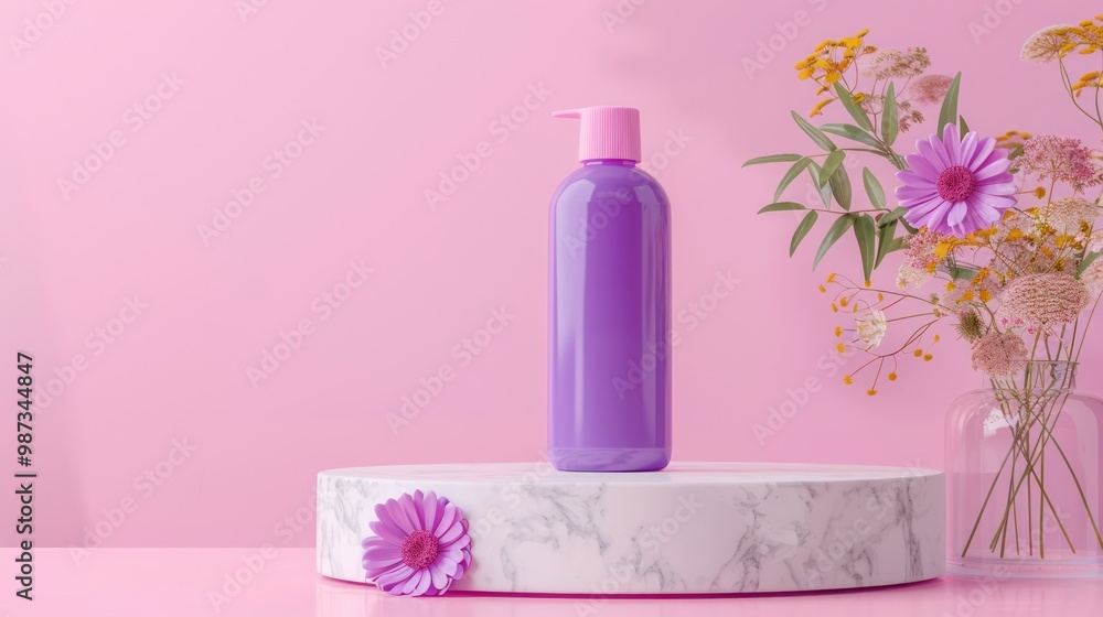 A purple plastic bottle without label on marble podium glass vase and beautiful flowers decorated on pink background Mockup for cosmetic product minimal concept A purple plastic bottle without label on marble podium glass vase and beautiful flowers decorated on pink background Mockup for cosmetic product minimal concept