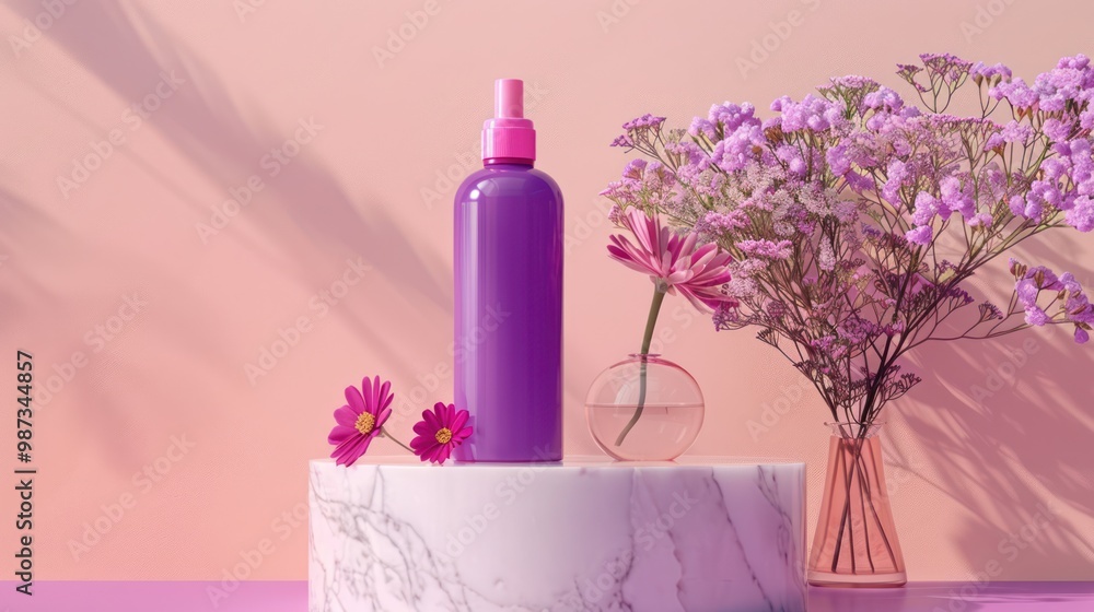 A purple plastic bottle without label on marble podium glass vase and beautiful flowers decorated on pink background Mockup for cosmetic product minimal concept A purple plastic bottle without label on marble podium glass vase and beautiful flowers decorated on pink background Mockup for cosmetic product minimal concept
