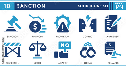 A set of solid icons related to Sanction. Financial, conflict, agreement, restriction, punishment, and so on. Vector flat icons set.