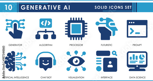 A set of solid icons related to Generative AI. Artificial Intelligence, prompt, algorithm, processor, chat bot, data science, and so on. Vector flat icons set.