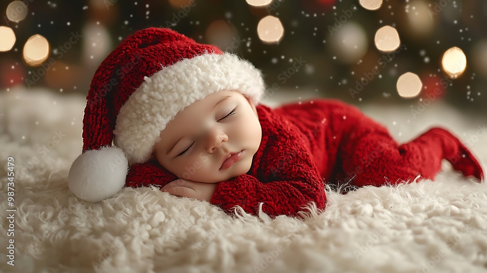 A sleeping newborn baby wearing a Santa hat and red knit onesie. A sleeping newborn baby wearing a Santa hat and red knit onesie.