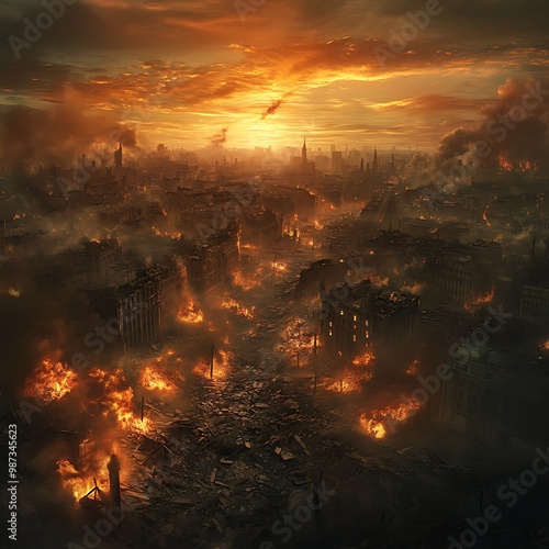 A city engulfed in flames, with smoke billowing into the orange sky. The scene is apocalyptic, with buildings reduced to rubble and fires raging throughout the streets.