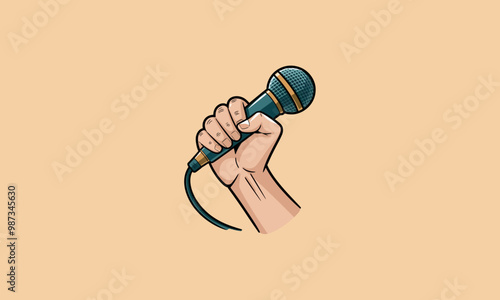 Hand holding a microphone vector illustration.