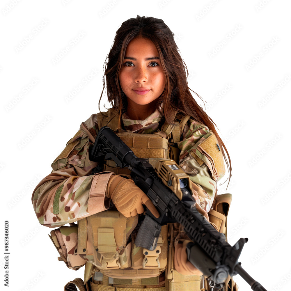 Woman soldier isolated on white or transparent background. Close-up of European woman soldier in special uniform. Woman soldier isolated on white or transparent background. Close-up of European woman soldier in special uniform.