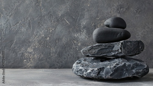 black stones for podiumblack natural stones with texture for product presentation podium background minimalistic composition with stones on a dark gray background with a light accent photo