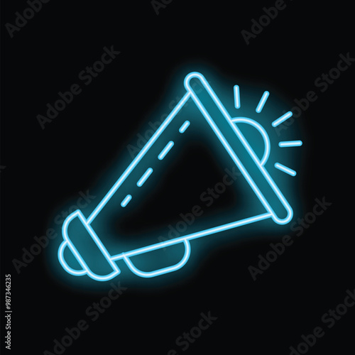 Neon blue megaphone shining brightly in the dark