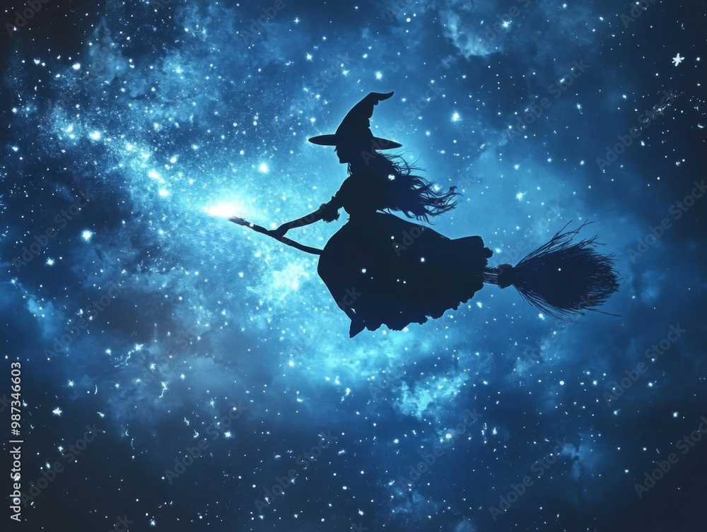 Fototapeta premium Silhouette of a Witch Flying on a Broomstick Against a Starry Night Sky