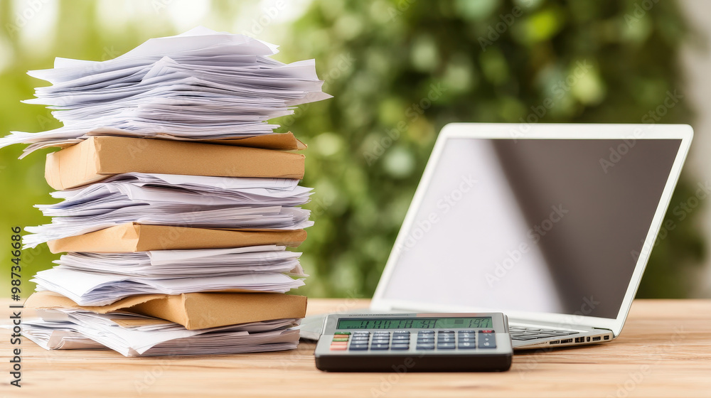 Clean office desk with neatly stacked financial documents, calculator, and a laptop displaying tax forms Clean office desk with neatly stacked financial documents, calculator, and a laptop displaying tax forms