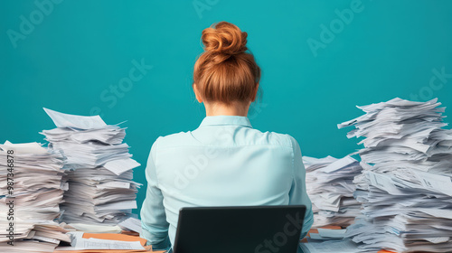 Accountant balancing financial records with printed tax forms spread out on a desk photo