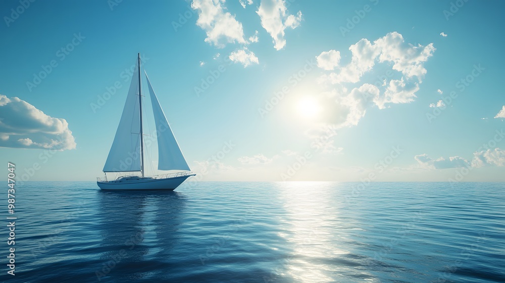 Obraz premium A majestic sailboat with billowing sails glides across a calm blue sea under a clear azure sky, capturing a peaceful maritime scene with vibrant colors and lens flare.