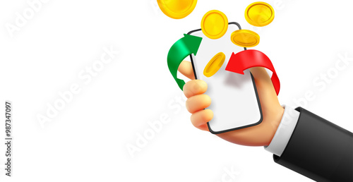 Man holding modern smartphone with cashback service. 3d vector banner with copy space