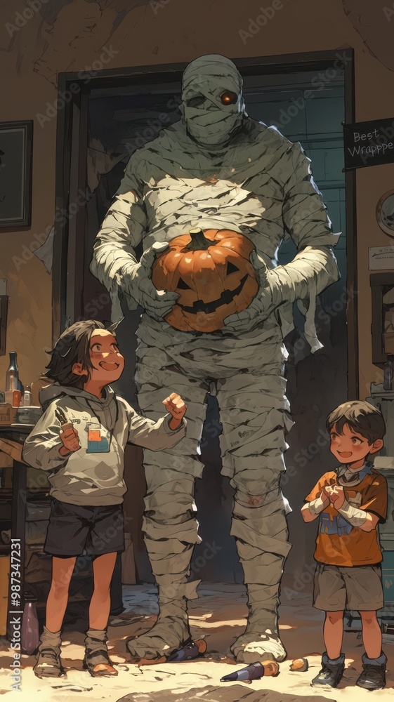 A mummy holds a carved pumpkin, surrounded by two excited children, creating a whimsical Halloween atmosphere. A mummy holds a carved pumpkin, surrounded by two excited children, creating a whimsical Halloween atmosphere.