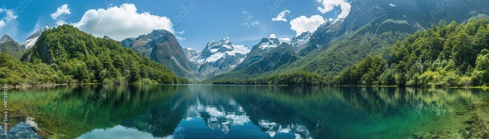 Fototapeta premium An ultra-realistic photograph of a serene mountain lake, surrounded by lush green forests and towering snow-capped peaks, with a crystal-clear reflection of the sky above