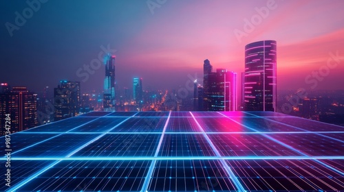 Bright neon-colored solar panels installed on rooftops, glowing vividly at dusk as the sky darkens.