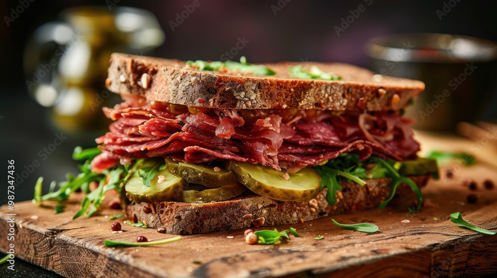 Delicious pastrami sandwich made with wholegrain bread with fresh salad and pickle served on wooden board Delicious pastrami sandwich made with wholegrain bread with fresh salad and pickle served on wooden board