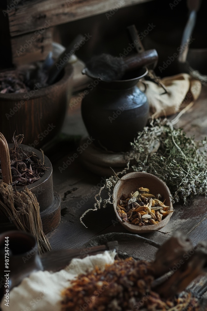 Rustic Herbal Display with Spices and Mortar Tools Rustic Herbal Display with Spices and Mortar Tools