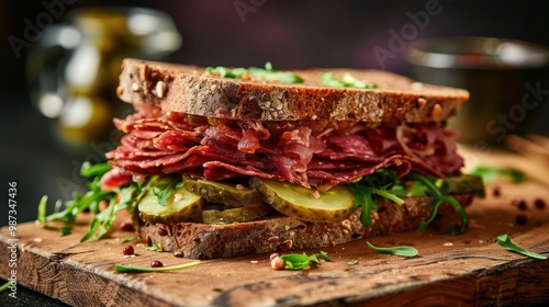 Delicious pastrami sandwich made with wholegrain bread with fresh salad and pickle served on wooden board photo