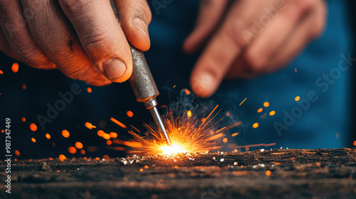 Jeweler’s hands soldering broken gold earring with precision, flames and heat, [Jewelry soldering] photo