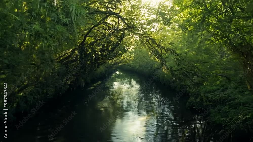 Breathtaking view of a calm river surrounded by lush vegetation on a sunny daytime Breathtaking view of a calm river surrounded by lush vegetation on a sunny daytime