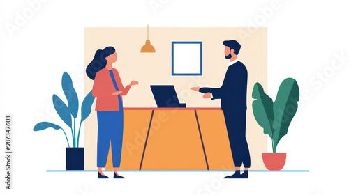 Diverse group of tenants interacting with a manager in a bright, welcoming rental office, [Property Management], [Tenant Relationships] 