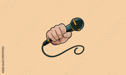Hand holding a microphone vector illustration.