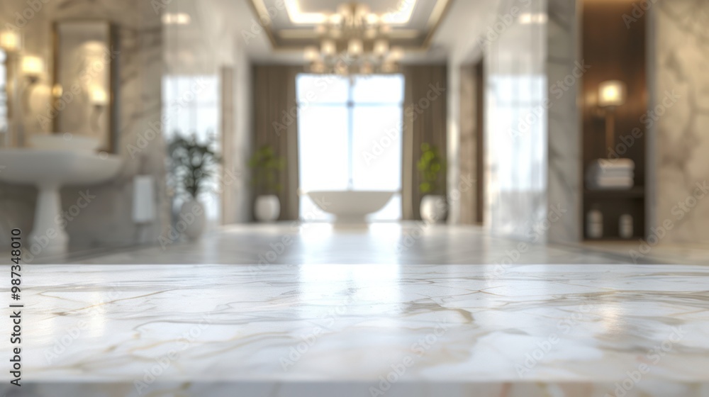 Empty marble top table with blurred bathroom interior Background. for product display montage Empty marble top table with blurred bathroom interior Background. for product display montage