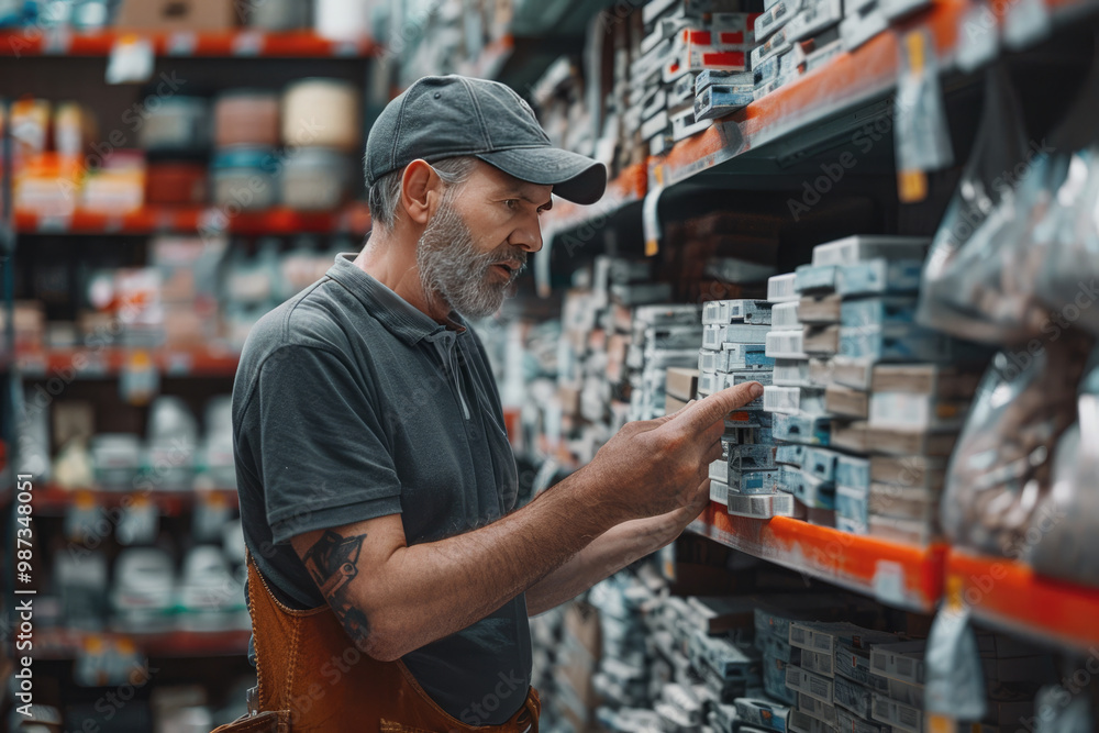 Skilled builder choosing screws in hardware store, showing expertise in construction industry. Background blurred, diy atmosphere Skilled builder choosing screws in hardware store, showing expertise in construction industry. Background blurred, diy atmosphere