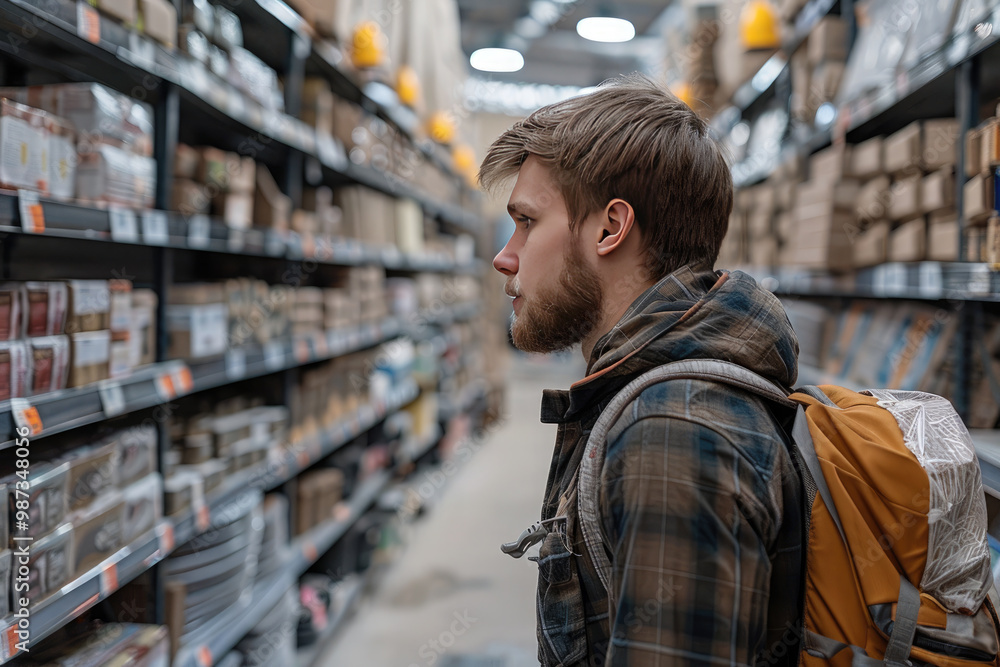 Skilled builder choosing screws in hardware store, showing expertise in construction industry. Background blurred, diy atmosphere Skilled builder choosing screws in hardware store, showing expertise in construction industry. Background blurred, diy atmosphere