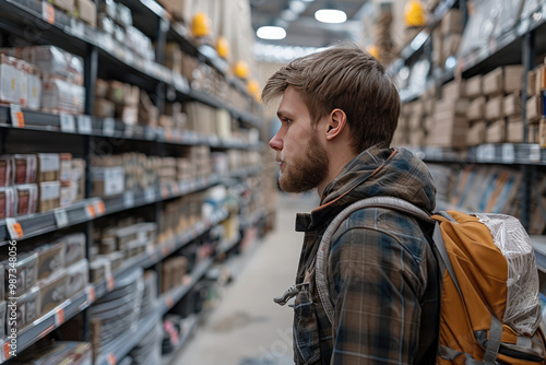 Skilled builder choosing screws in hardware store, showing expertise in construction industry. Background blurred, diy atmosphere