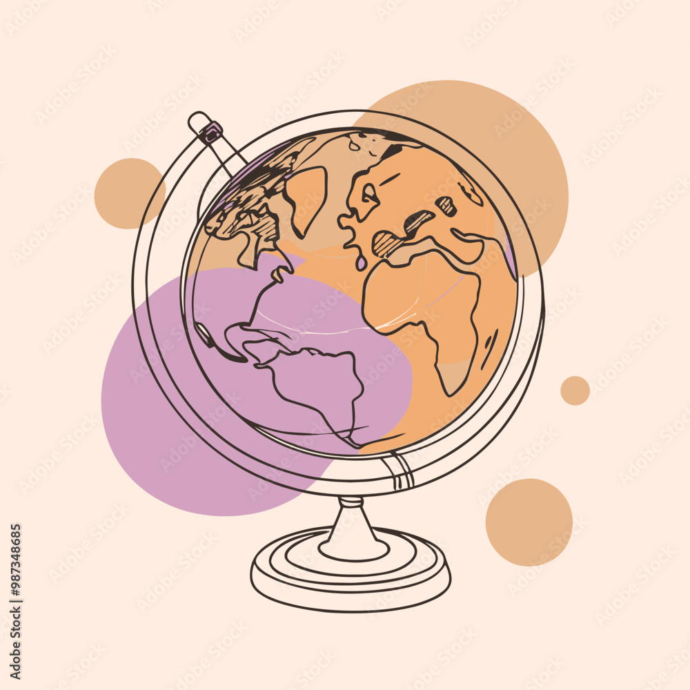 Stylized vector illustration of a globe on a stand featuring colored continents and abstract shapes Stylized vector illustration of a globe on a stand featuring colored continents and abstract shapes