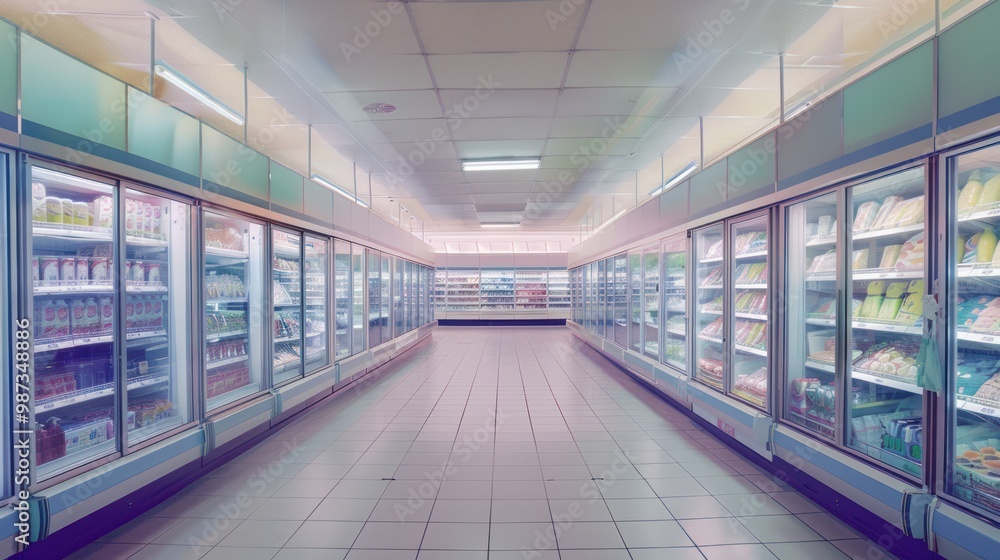 Empty supermarket aisle with freezers showcases with different products Empty supermarket aisle with freezers showcases with different products