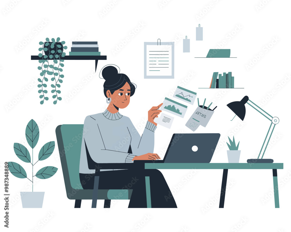 Remote work freelance modern illustration working on a laptop at her house, isolated with a white background Remote work freelance modern illustration working on a laptop at her house, isolated with a white background