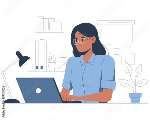 Remote work freelance modern illustration working on a laptop at her house, isolated with a white background