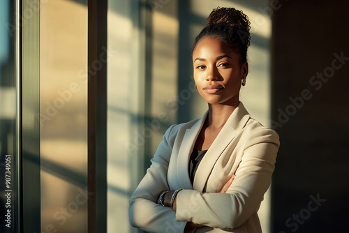 Businesswoman with curly hair standing confidently in a sunlit office