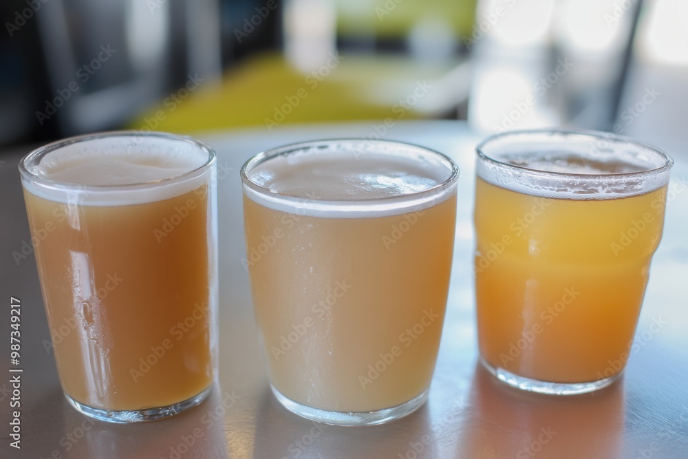 Three Glasses of Refreshing Craft Beer on a Table Three Glasses of Refreshing Craft Beer on a Table