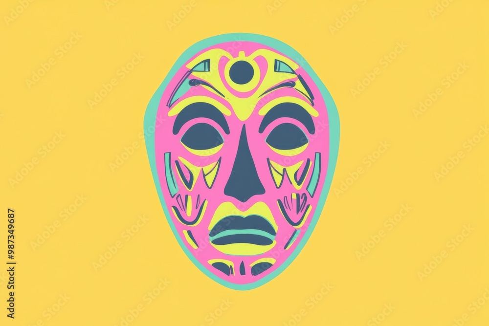 Vibrant Tribal Mask Illustration on Yellow Background Vibrant Tribal Mask Illustration on Yellow Background