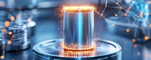 A metallic battery with sleek metallic casing in 3D, suspended in a high-tech lab environment