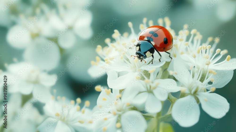 Fototapeta premium Ladybug perched on a delicate white blossom.