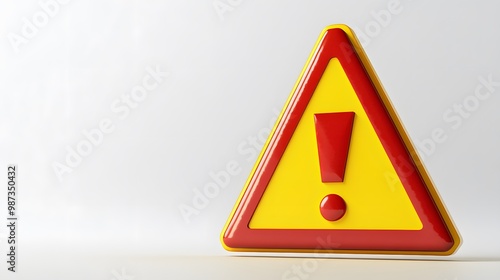 A triangular yellow and red warning sign with an exclamation mark on a pure white background, offering a minimalist composition with high detail and soft shadows.