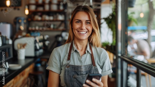 Happy young woman and restaurant owner holds her phone expertly using mobile technology to manage her small business with ease Female entrepreneur making success in the hospitality ind photo