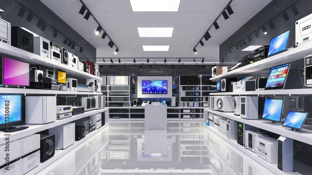 Interior of electronics store with various appliances arranged for sale